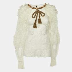 Pre Owned Dolce & Gabbana White Lace Rope Embellished Sheer Top L