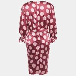 Pre Owned Dolce & Gabbana Burgundy Polka Dot Silk Wrap Detail Midi Dress L