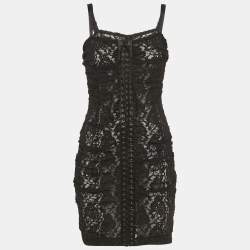Pre Owned Dolce & Gabbana Black Lace Criss Cross Detail Sheer Mini Dress S