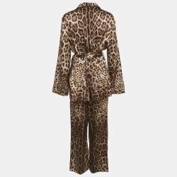 Pre Owned طقم قميص و بنطال حرير بطبعة فهد بني دولتشي آند غابانا مقاس متوسط / كبير