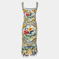 Pre Owned Dolce & Gabbana Multicolor Majolica Print Stretch Silk Midi Dress S