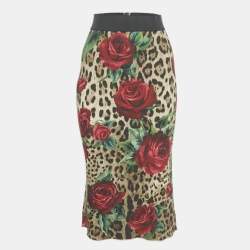 Pre Owned Dolce & Gabbana Brown Animal & Floral Print Crepe Midi Skirt XS