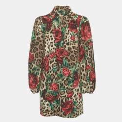 Pre Owned Dolce & Gabbana Brown Leopard & Rose Print Silk Mini Dress XS  