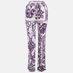 Pre Owned Dolce & Gabbana Purple Majolica Print Jersey Wide Leg Trousers XS 