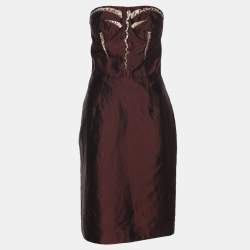 Pre Owned Dolce & Gabbana Burgundy Satin and Leather Tube Midi Dress M
