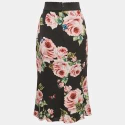 Pre Owned Dolce & Gabbana Black Floral Print Silk Midi Skirt M