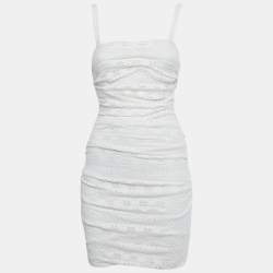 Pre Owned Dolce & Gabbana White Lace Ruched Sleeveless Mini Dress M