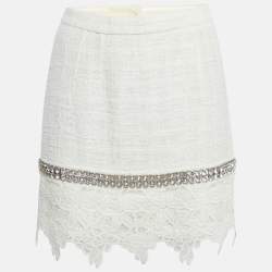 Pre Owned Dolce & Gabbana White Lace Crystal Detail Mini Skirt M