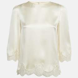 Pre Owned Dolce & Gabbana Cream Lace Trim Satin Blouse S