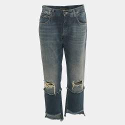 Pre Owned Dolce & Gabbana Blue Distressed Cropped Straight Fit Denim Jeans M Waist 30"