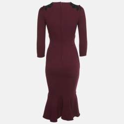 Pre Owned Dolce & Gabbana Burgundy Floral Applique Wool Sheath Dress S
