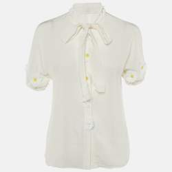 Pre Owned Dolce & Gabbana Off White Silk Daisy Appliqued Blouse M