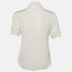 Pre Owned Dolce & Gabbana Off White Silk Daisy Appliqued Blouse M