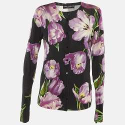 Pre Owned Dolce & Gabbana Black Floral Print Cashmere & Silk Cardigan L 