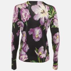 Pre Owned Dolce & Gabbana Black Floral Print Cashmere & Silk Cardigan L 