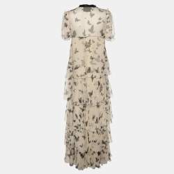 Pre Owned Dolce & Gabbana Beige Butterfly Print Chiffon Ruffled Layered Maxi Dress S