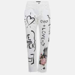Pre Owned Dolce & Gabbana White Printed Denim Jeans M/Waist 30"