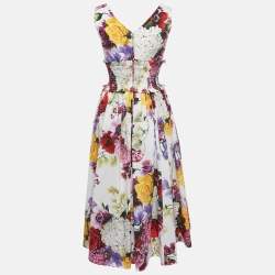 مملوكة مسبقًا Dolce & Gabbana White Floral Print Poplin Shirring Midi Dress S