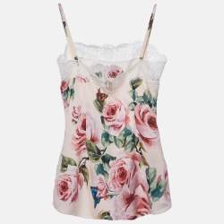 Pre Owned توب دولتشي آند غابانا كامي تريم دانتيل وحرير بطبعة الورد اللون الوردي مقاس متوسط