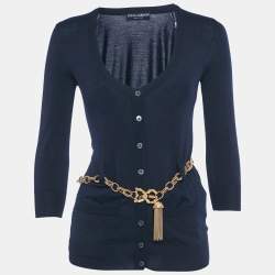 مملوكة مسبقًا Dolce & Gabbana Navy Blue Cashmere Knit Metallic Belt Cardigan S