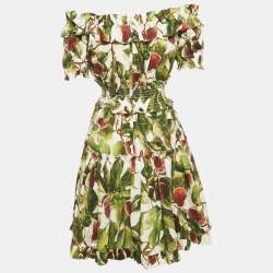 مملوكة مسبقًا فستان دولتشي آند غابانا قطن طباعة تين أخضر ميدي مقاس صغير