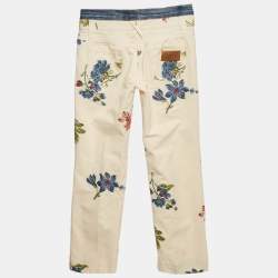 Pre Owned Dolce & Gabbana Cream Floral Cross Stitch Printed Cotton Pants S Waist 29" 