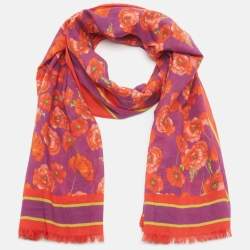 Pre Owned Dolce & Gabbana Beachwear Purple Poppy Print Cotton Pareo Scarf One Size