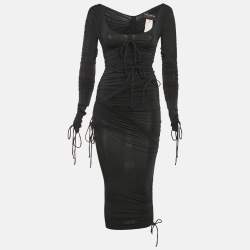 Pre Owned Dolce & Gabbana Vintage Black Jersey Ruche Tie-Up Midi Dress S
