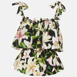 Pre Owned Dolce & Gabbana Black Poplin Print Cotton Ruffle Detail Top M