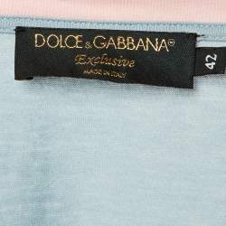 Pre Owned تي شيرت دولتشي أند غابانا قطن مطرز بشعار مورد أزرق / وردي مقاس متوسط (ميديوم)