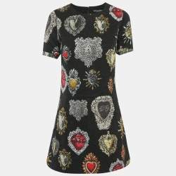 Pre Owned Dolce & Gabbana Black Crest printed Cotton Jacquard Mini Dress M