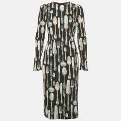 Pre Owned Dolce & Gabbana Black Cutlery Print Crepe Sheath Dress S