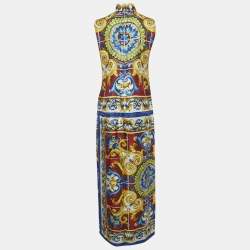 Pre Owned Dolce & Gabbana Majolica Print Silk Front Slit Maxi Dress M
