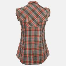 Pre Owned Dolce & Gabbana Grey/Red Plaid Cotton Pearl Snap Button Detail Sleeveless Shirt S