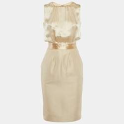 Pre Owned Dolce & Gabbana Gold Silk & Crepe Shift Mini Dress XS