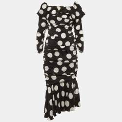 Pre Owned Dolce & Gabbana Black/White Polka Dots Satin Ruche Midi Dress M