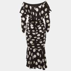 مملوكة مسبقًا Dolce & Gabbana Black/White Polka Dots Satin Ruche Midi Dress M