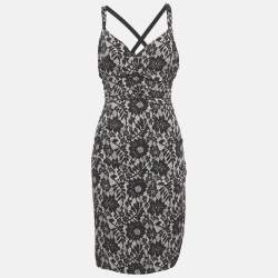 Pre Owned Dolce & Gabbana Black Lace Print Jersey Ruched Midi Dress S