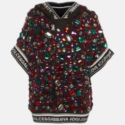Pre Owned Dolce & Gabbana Black Multicolour Crystal Embellished Short Sleeve Hooded Sweatshirt S