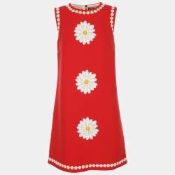 Pre Owned Dolce & Gabbana Red Wool Floral Applique Mini Dress S