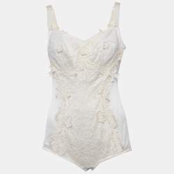 Pre Owned Dolce & Gabbana Cream Silk Blend Lace Detail Bodysuit M