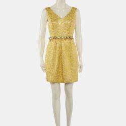 Pre Owned Dolce & Gabbana Yellow Brocade Crystal Embellished Mini Dress M