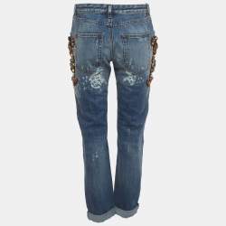 مملوكة مسبقًا بنطلون جينز دولتشي آند غابانا دينم ممزق أزرق بتفاصيل كريستال مقاس صغير - خصر 28 إنش