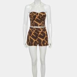 Pre Owned Dolce & Gabbana Brown Giraffe Print Twill Bustier and Shorts Suit S