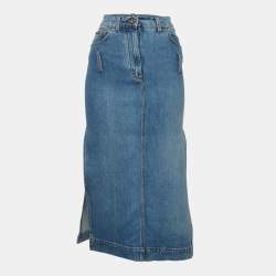 Pre Owned Dolce & Gabbana Blue Denim Side Slit Detail Midi Skirt S