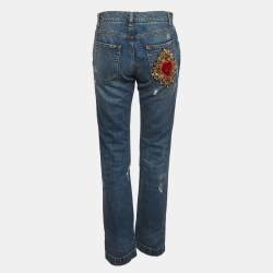 مملوكة مسبقًا بنطلون جينز دينيم أزرق برقعة قلب باروك دولتشي أند غابانا مقاس صغير قياس الخصر ٢٩ بوصة