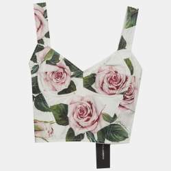 Pre Owned Dolce & Gabbana White Rose Print Cotton Blend Bustier Top XS