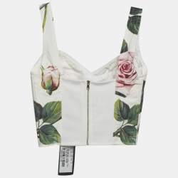 Pre Owned Dolce & Gabbana White Rose Print Cotton Blend Bustier Top XS