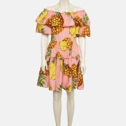 Pre Owned Dolce & Gabbana Pink Pineapple Print Cotton Tiered Mini Dress L