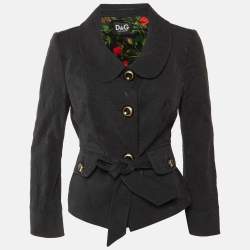 Pre Owned Dolce & Gabbana Black Patterned Cotton Button Front Belted Jacket M